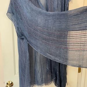 Like new Francesca’s shawl/light jacket.  O/S blue with silver & red details.